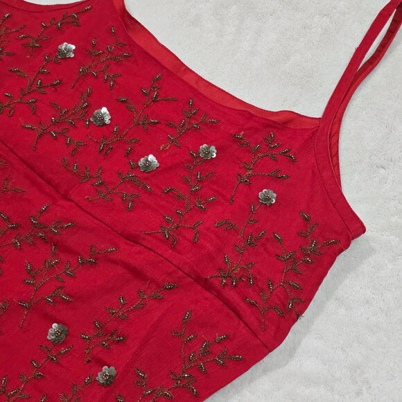 Vintage Express Red Embroidered Dress Small With Beaded Floral Boho Design 90's - Picture 9 of 16